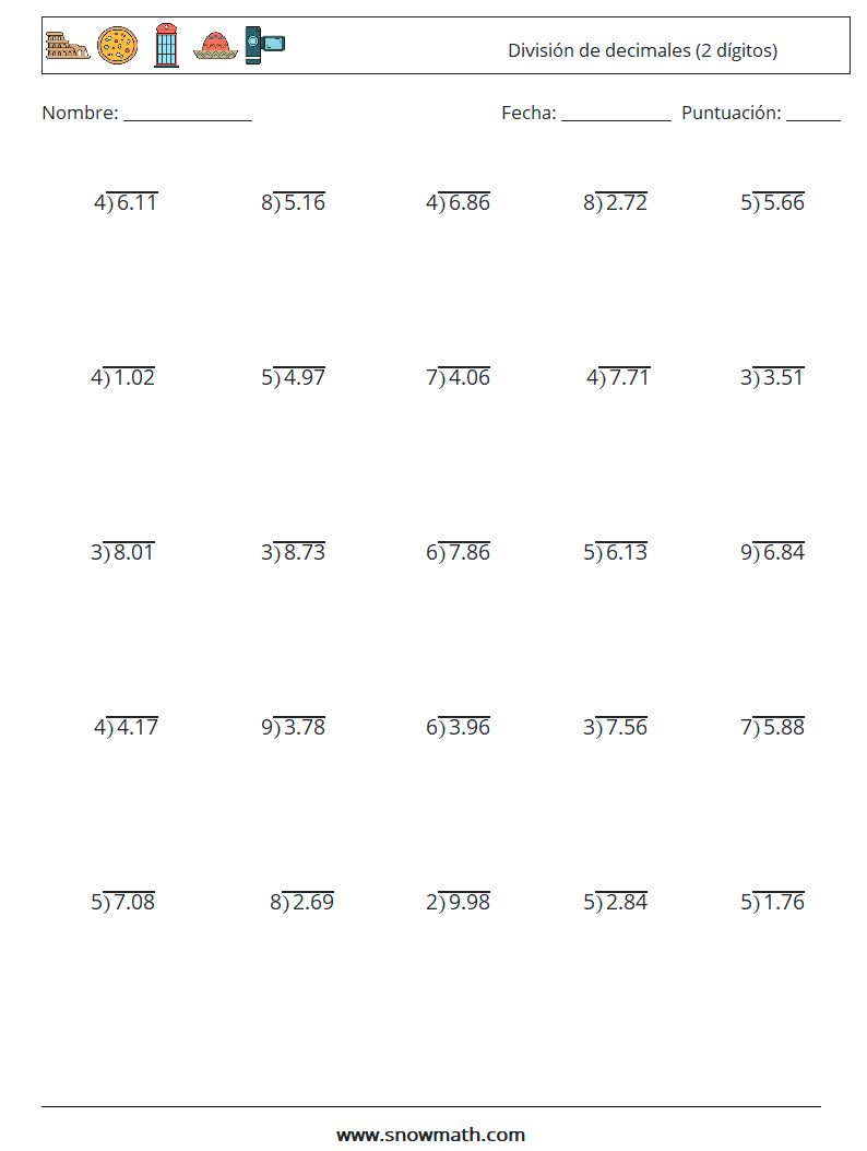 (25) División de decimales (2 dígitos) Hojas de trabajo de matemáticas 4