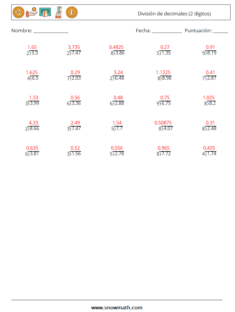 (25) División de decimales (2 dígitos) Hojas de trabajo de matemáticas 6 Pregunta, respuesta