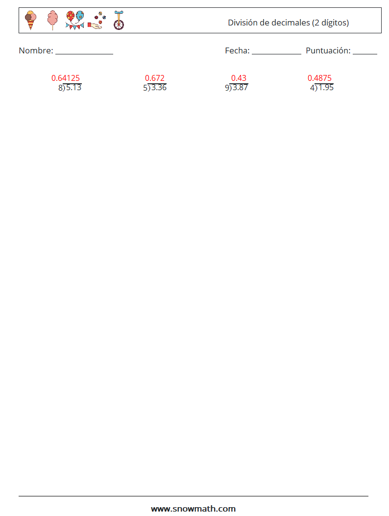 (25) División de decimales (2 dígitos) Hojas de trabajo de matemáticas 8 Pregunta, respuesta