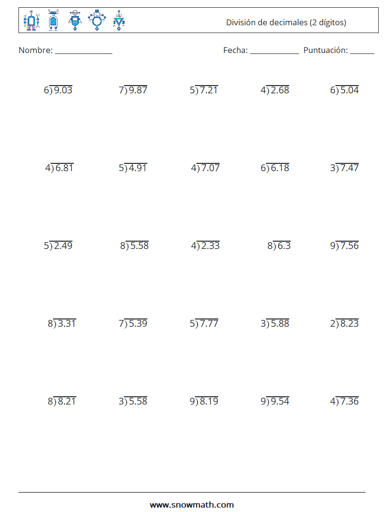 (25) División de decimales (2 dígitos) Hojas de trabajo de matemáticas 9