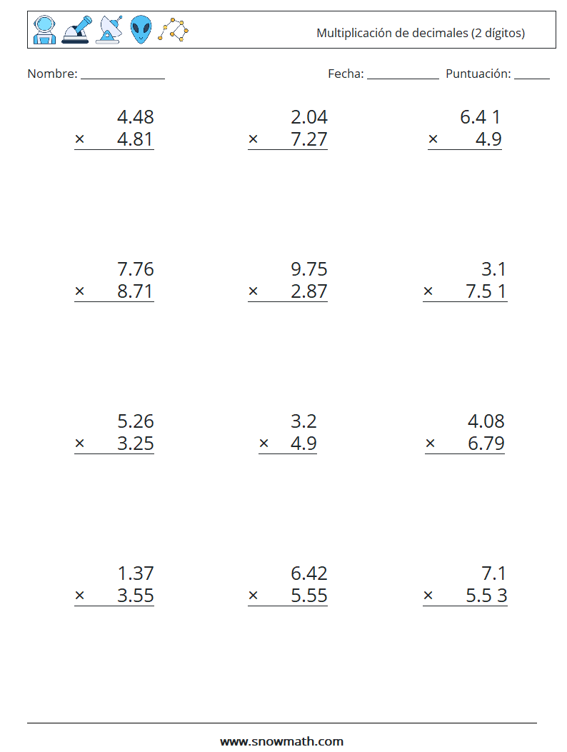 (12) Multiplicación de decimales (2 dígitos) Hojas de trabajo de matemáticas 1