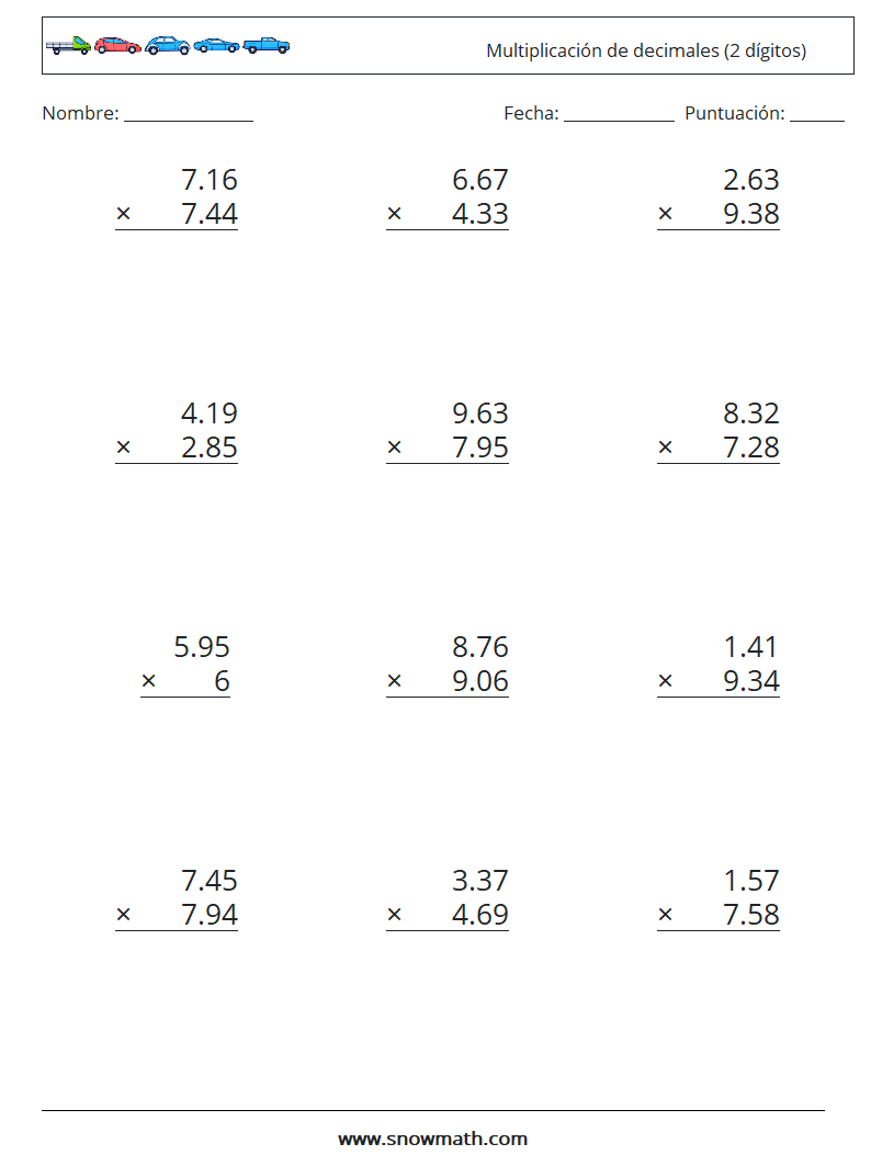 (12) Multiplicación de decimales (2 dígitos) Hojas de trabajo de matemáticas 10