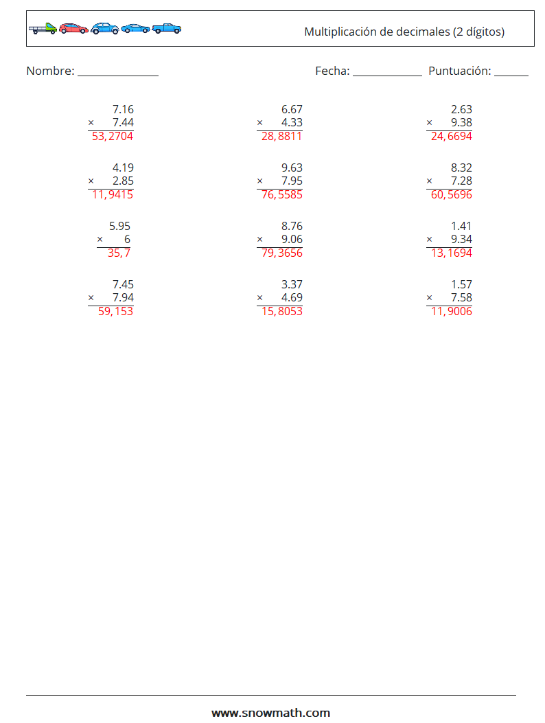 (12) Multiplicación de decimales (2 dígitos) Hojas de trabajo de matemáticas 10 Pregunta, respuesta