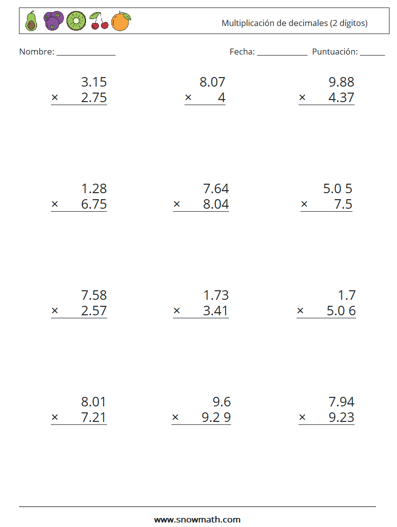 (12) Multiplicación de decimales (2 dígitos) Hojas de trabajo de matemáticas 11