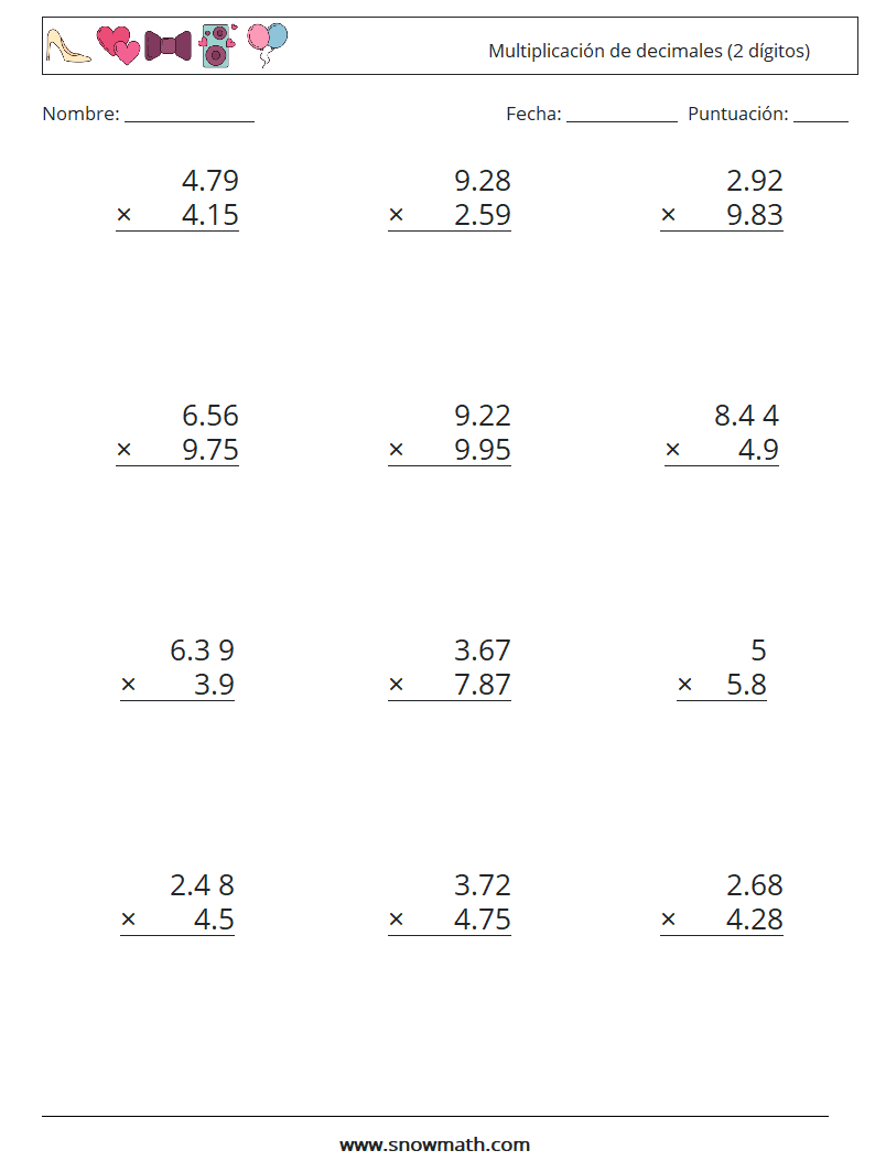 (12) Multiplicación de decimales (2 dígitos) Hojas de trabajo de matemáticas 12