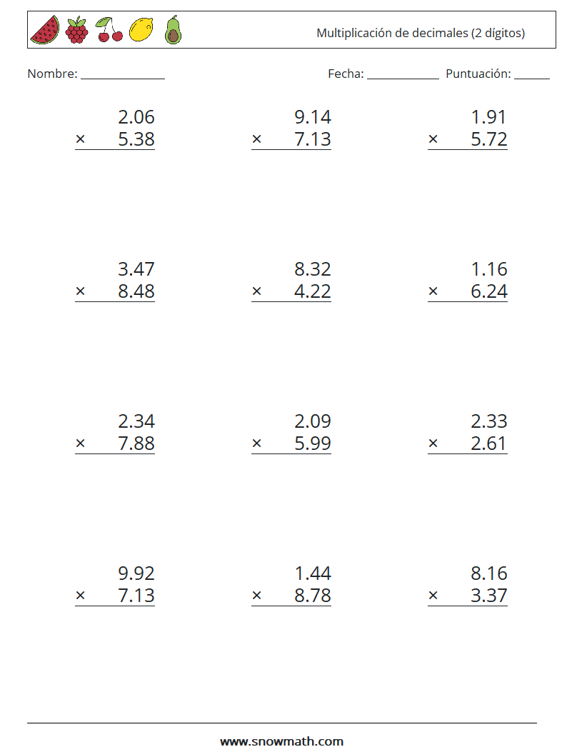 (12) Multiplicación de decimales (2 dígitos) Hojas de trabajo de matemáticas 14