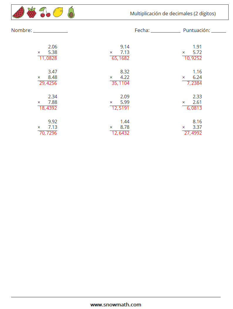 (12) Multiplicación de decimales (2 dígitos) Hojas de trabajo de matemáticas 14 Pregunta, respuesta