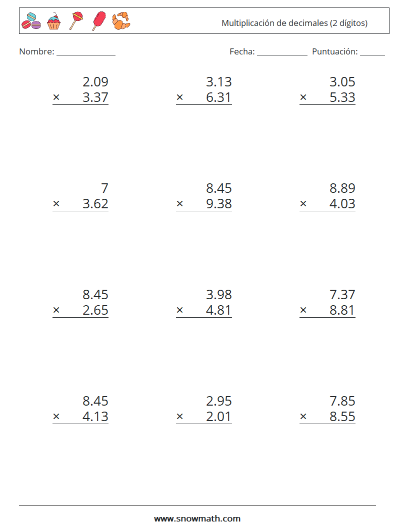 (12) Multiplicación de decimales (2 dígitos) Hojas de trabajo de matemáticas 16