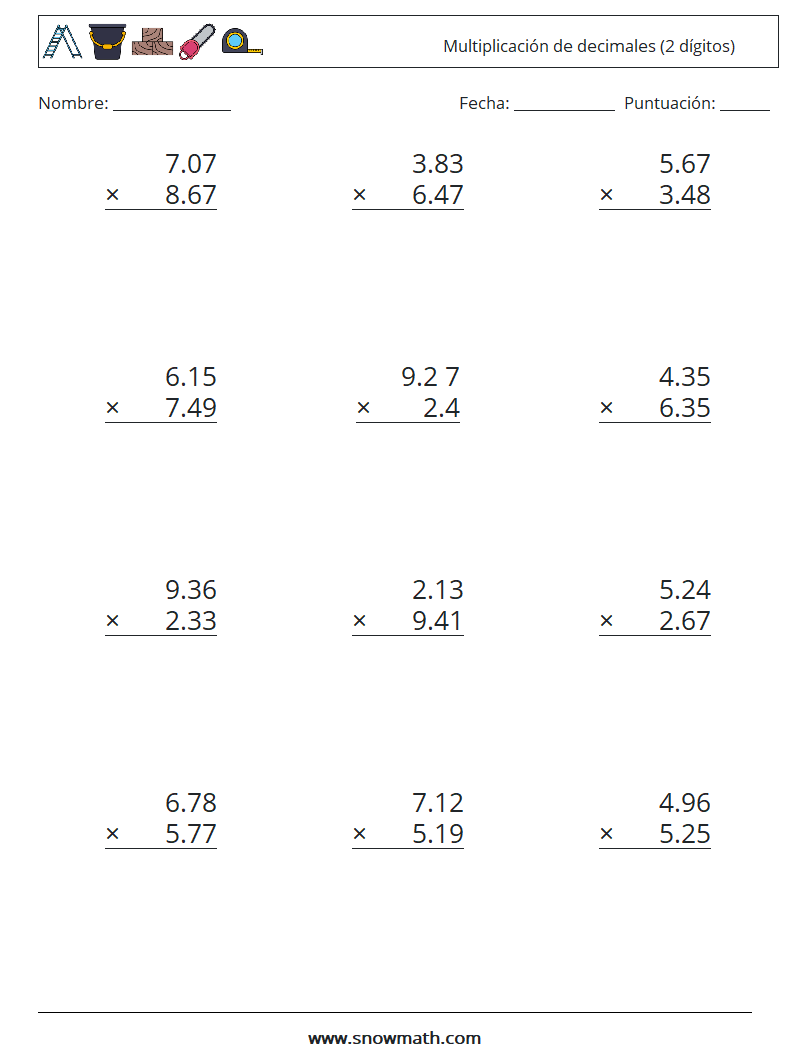 (12) Multiplicación de decimales (2 dígitos) Hojas de trabajo de matemáticas 17