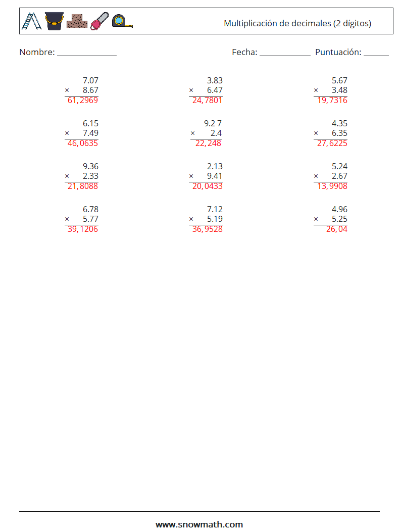 (12) Multiplicación de decimales (2 dígitos) Hojas de trabajo de matemáticas 17 Pregunta, respuesta