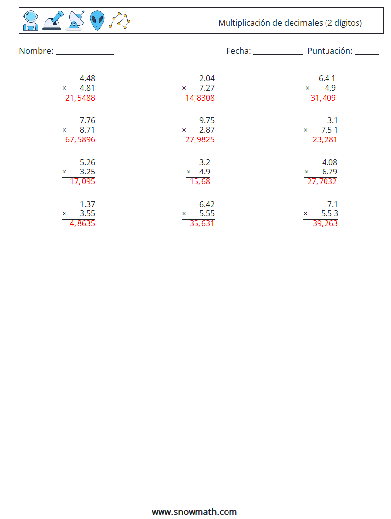 (12) Multiplicación de decimales (2 dígitos) Hojas de trabajo de matemáticas 1 Pregunta, respuesta