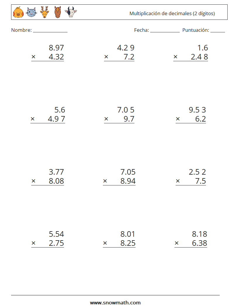 (12) Multiplicación de decimales (2 dígitos) Hojas de trabajo de matemáticas 2
