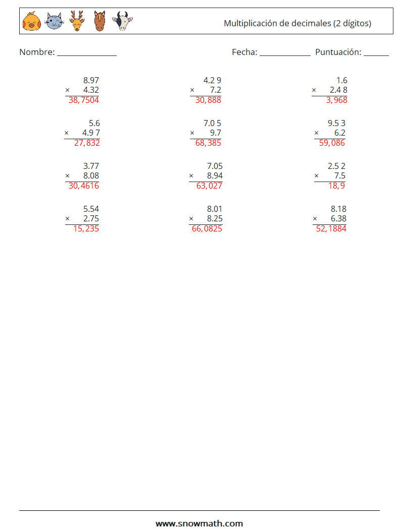 (12) Multiplicación de decimales (2 dígitos) Hojas de trabajo de matemáticas 2 Pregunta, respuesta