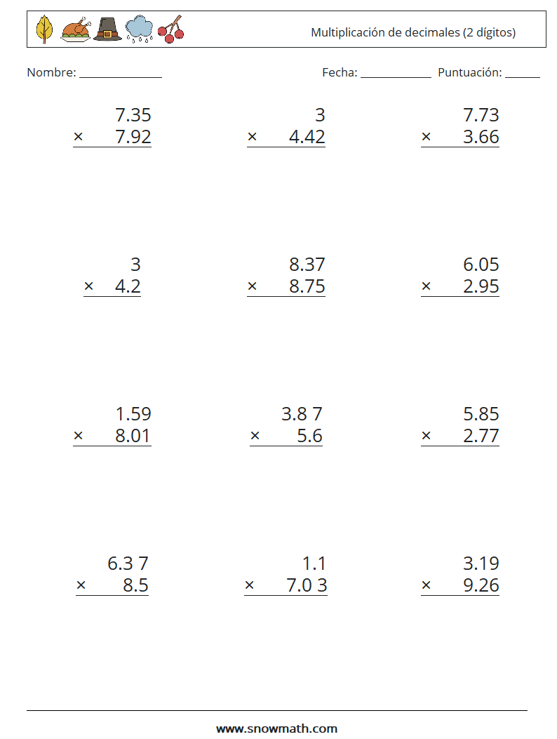 (12) Multiplicación de decimales (2 dígitos) Hojas de trabajo de matemáticas 4