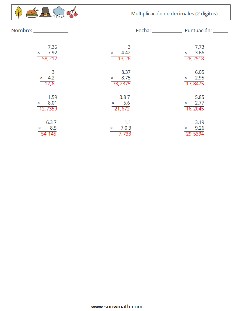 (12) Multiplicación de decimales (2 dígitos) Hojas de trabajo de matemáticas 4 Pregunta, respuesta