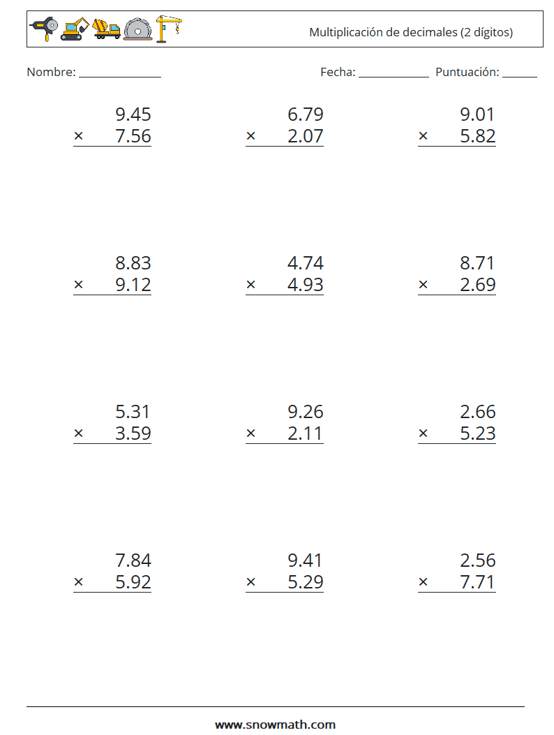 (12) Multiplicación de decimales (2 dígitos) Hojas de trabajo de matemáticas 5