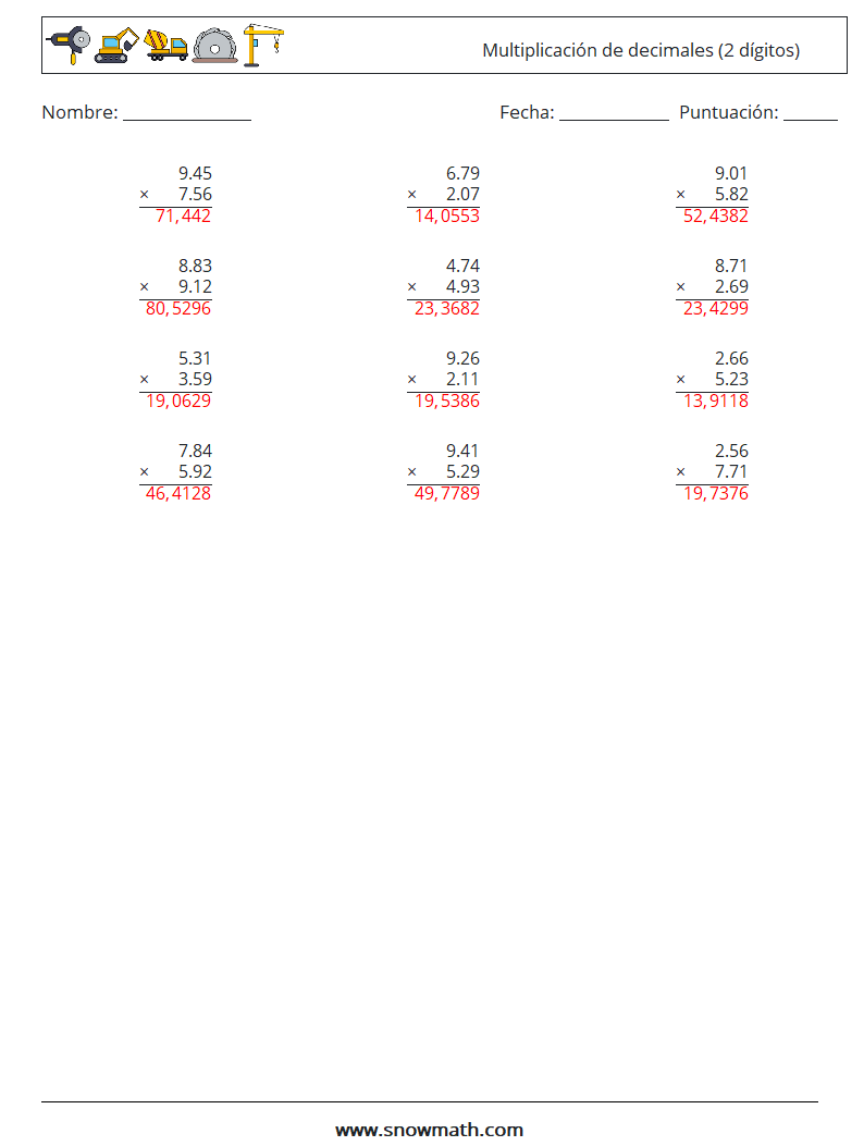 (12) Multiplicación de decimales (2 dígitos) Hojas de trabajo de matemáticas 5 Pregunta, respuesta