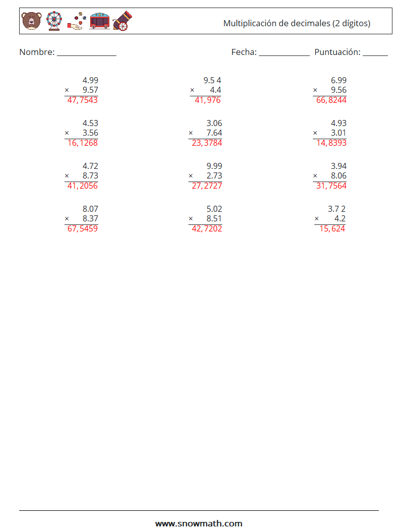 (12) Multiplicación de decimales (2 dígitos) Hojas de trabajo de matemáticas 6 Pregunta, respuesta