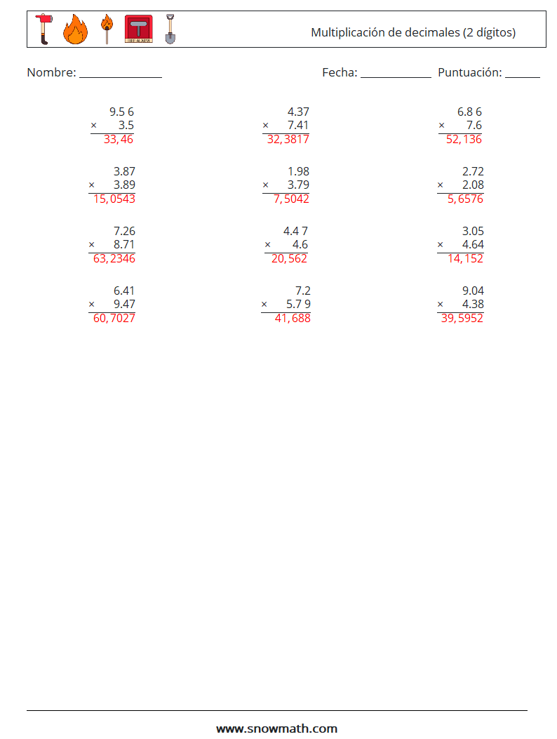 (12) Multiplicación de decimales (2 dígitos) Hojas de trabajo de matemáticas 7 Pregunta, respuesta