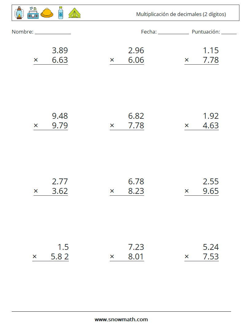 (12) Multiplicación de decimales (2 dígitos) Hojas de trabajo de matemáticas 8