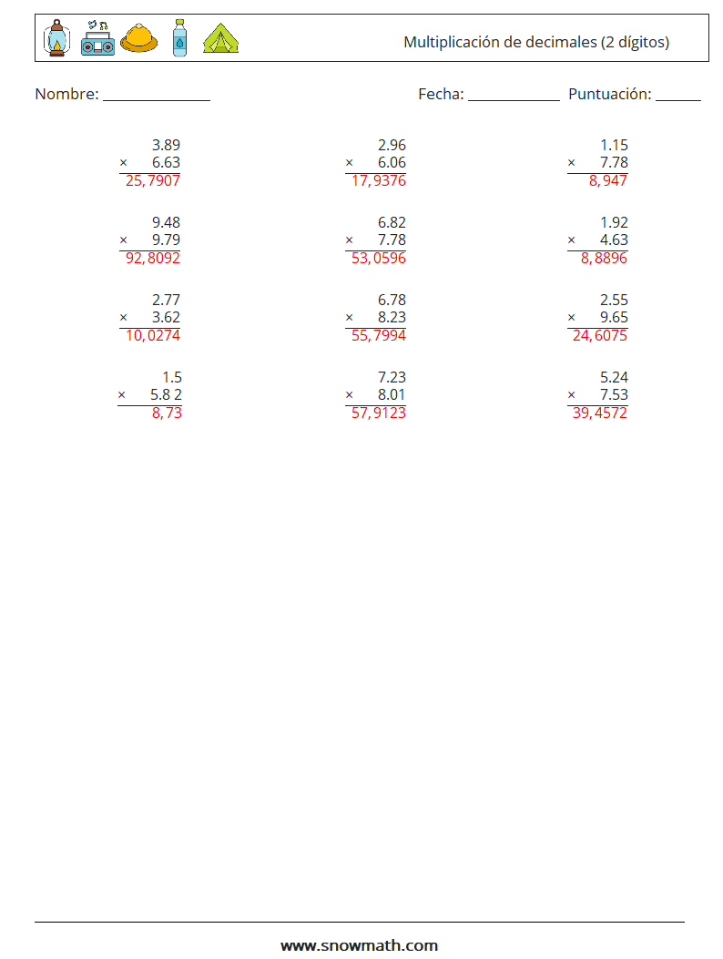 (12) Multiplicación de decimales (2 dígitos) Hojas de trabajo de matemáticas 8 Pregunta, respuesta