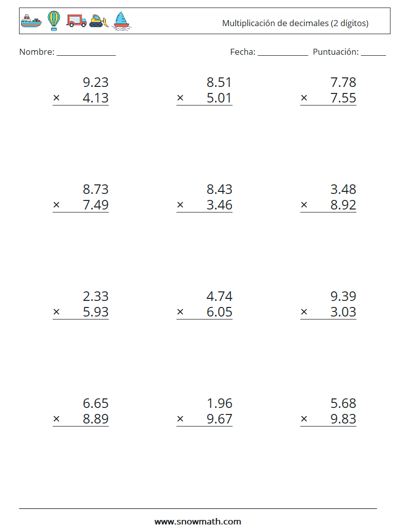 (12) Multiplicación de decimales (2 dígitos) Hojas de trabajo de matemáticas 9