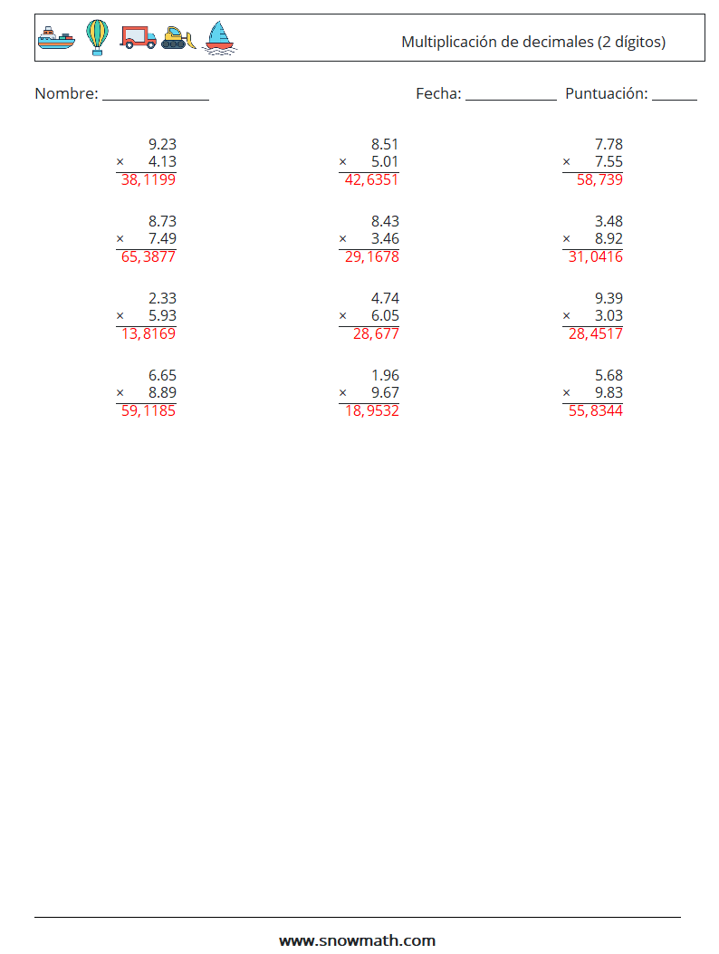 (12) Multiplicación de decimales (2 dígitos) Hojas de trabajo de matemáticas 9 Pregunta, respuesta