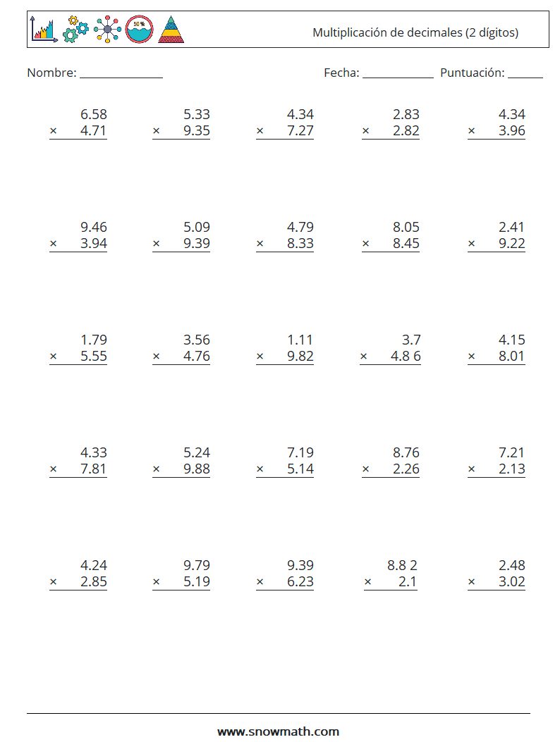 (25) Multiplicación de decimales (2 dígitos) Hojas de trabajo de matemáticas 1