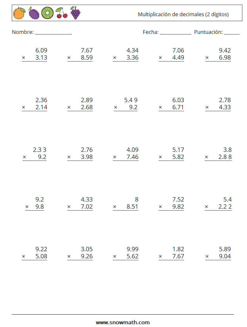 (25) Multiplicación de decimales (2 dígitos) Hojas de trabajo de matemáticas 10