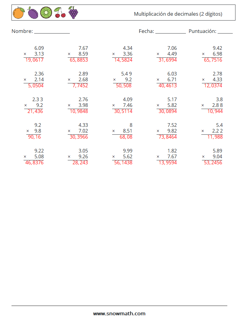 (25) Multiplicación de decimales (2 dígitos) Hojas de trabajo de matemáticas 10 Pregunta, respuesta