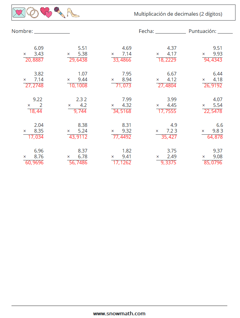 (25) Multiplicación de decimales (2 dígitos) Hojas de trabajo de matemáticas 11 Pregunta, respuesta