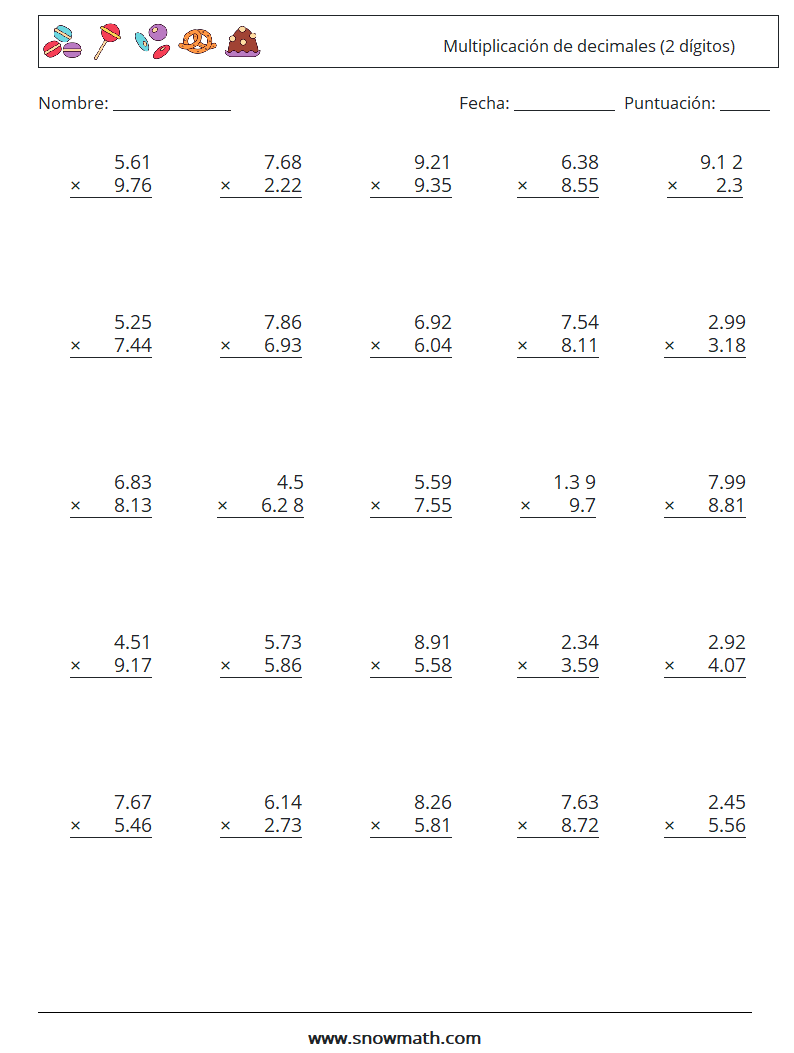 (25) Multiplicación de decimales (2 dígitos) Hojas de trabajo de matemáticas 12