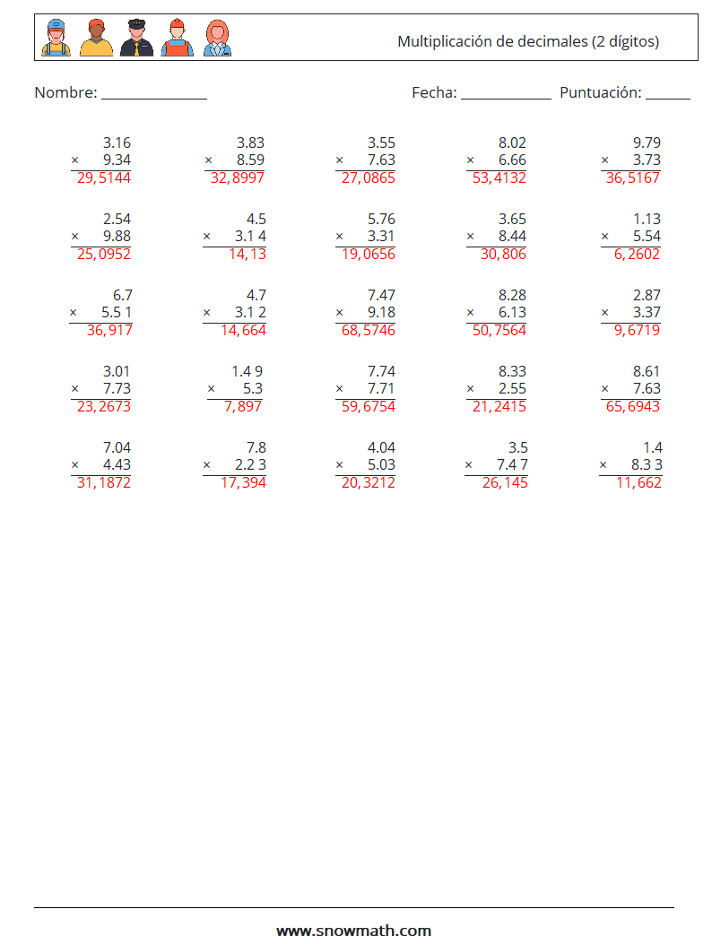 (25) Multiplicación de decimales (2 dígitos) Hojas de trabajo de matemáticas 13 Pregunta, respuesta