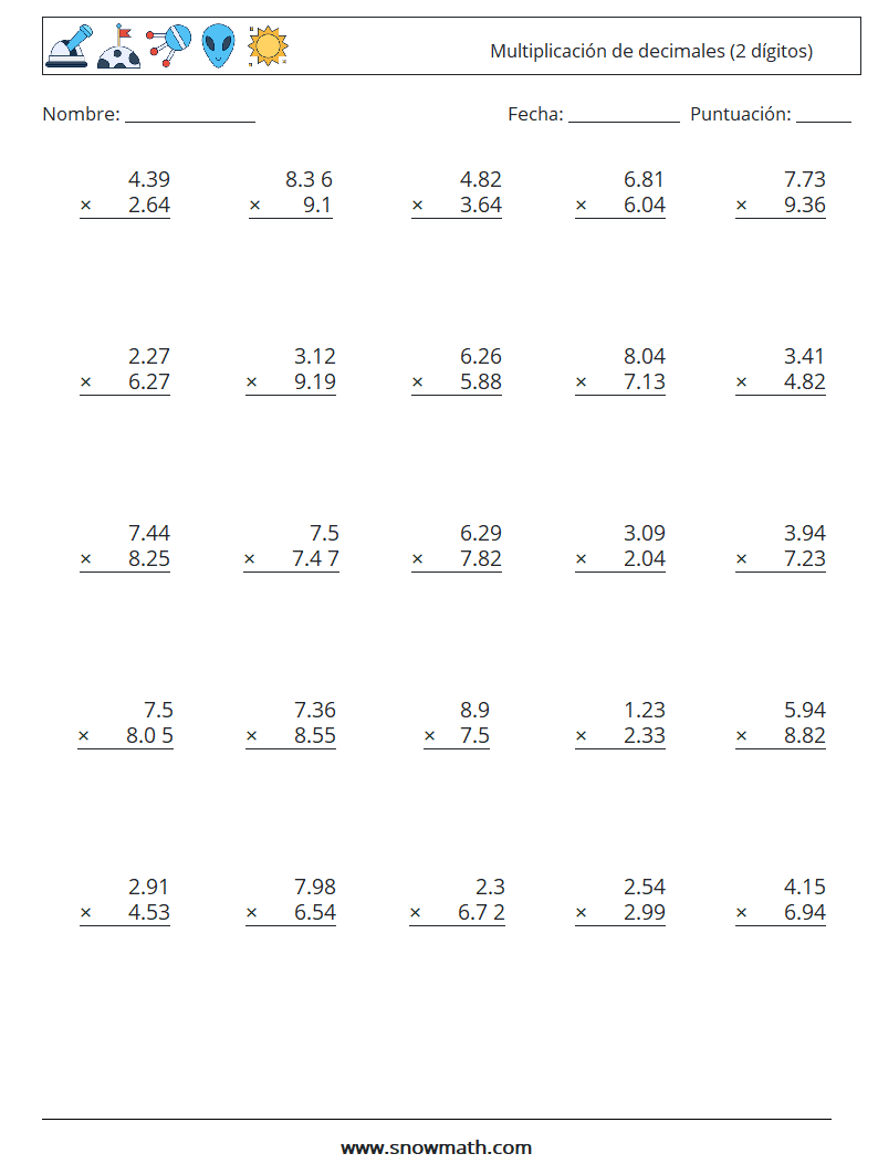 (25) Multiplicación de decimales (2 dígitos) Hojas de trabajo de matemáticas 15