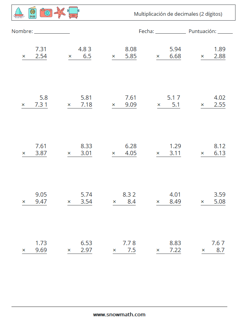 (25) Multiplicación de decimales (2 dígitos) Hojas de trabajo de matemáticas 16