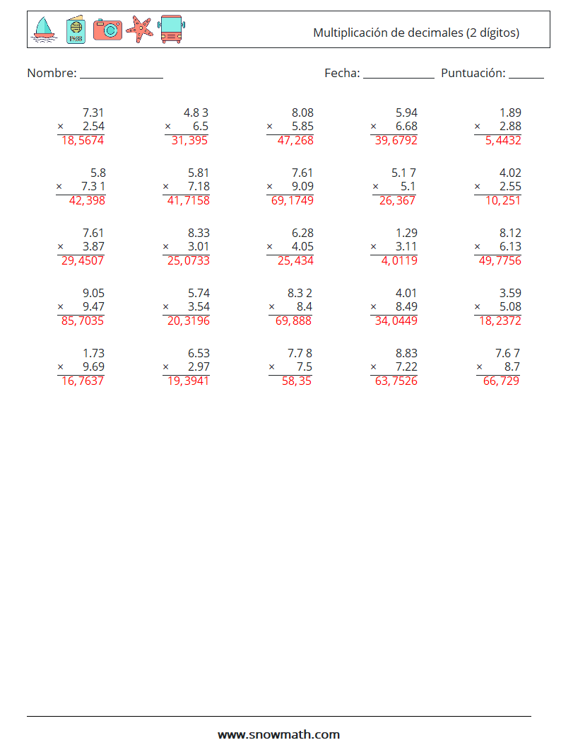 (25) Multiplicación de decimales (2 dígitos) Hojas de trabajo de matemáticas 16 Pregunta, respuesta