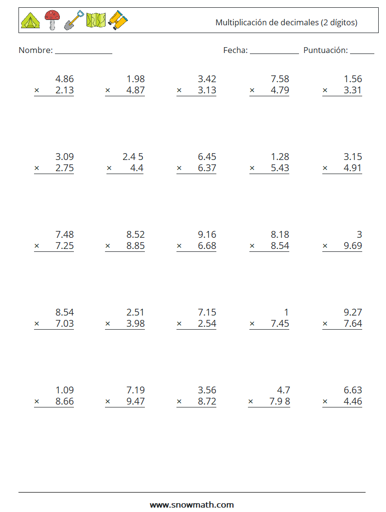 (25) Multiplicación de decimales (2 dígitos) Hojas de trabajo de matemáticas 17