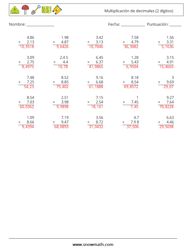 (25) Multiplicación de decimales (2 dígitos) Hojas de trabajo de matemáticas 17 Pregunta, respuesta