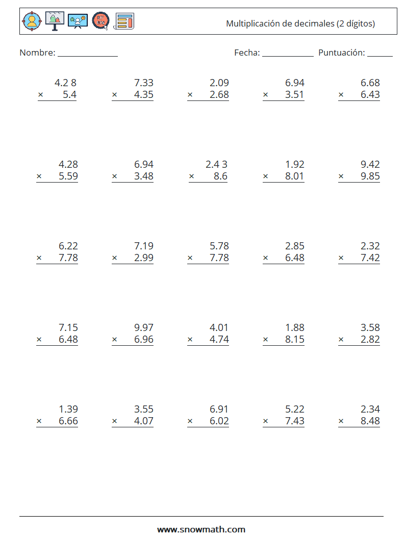 (25) Multiplicación de decimales (2 dígitos) Hojas de trabajo de matemáticas 18