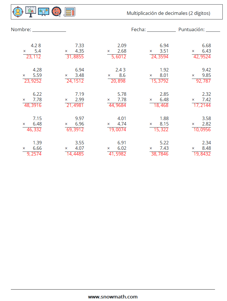 (25) Multiplicación de decimales (2 dígitos) Hojas de trabajo de matemáticas 18 Pregunta, respuesta