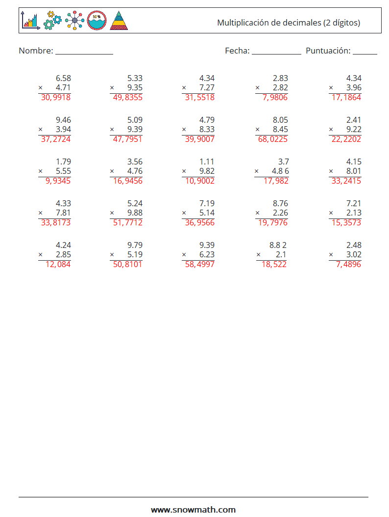 (25) Multiplicación de decimales (2 dígitos) Hojas de trabajo de matemáticas 1 Pregunta, respuesta