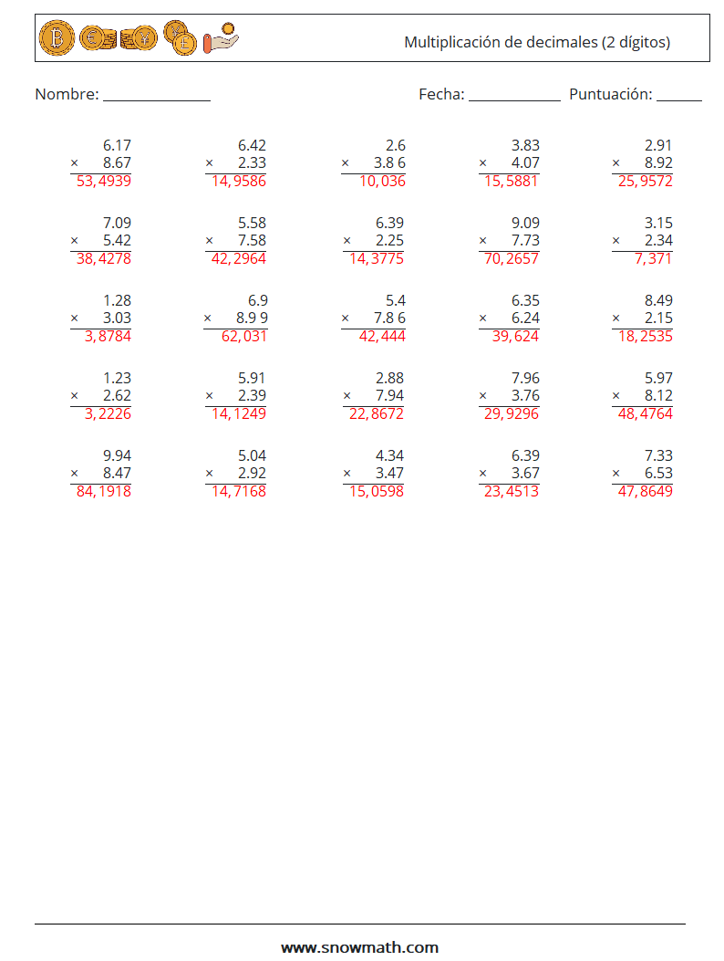 (25) Multiplicación de decimales (2 dígitos) Hojas de trabajo de matemáticas 2 Pregunta, respuesta