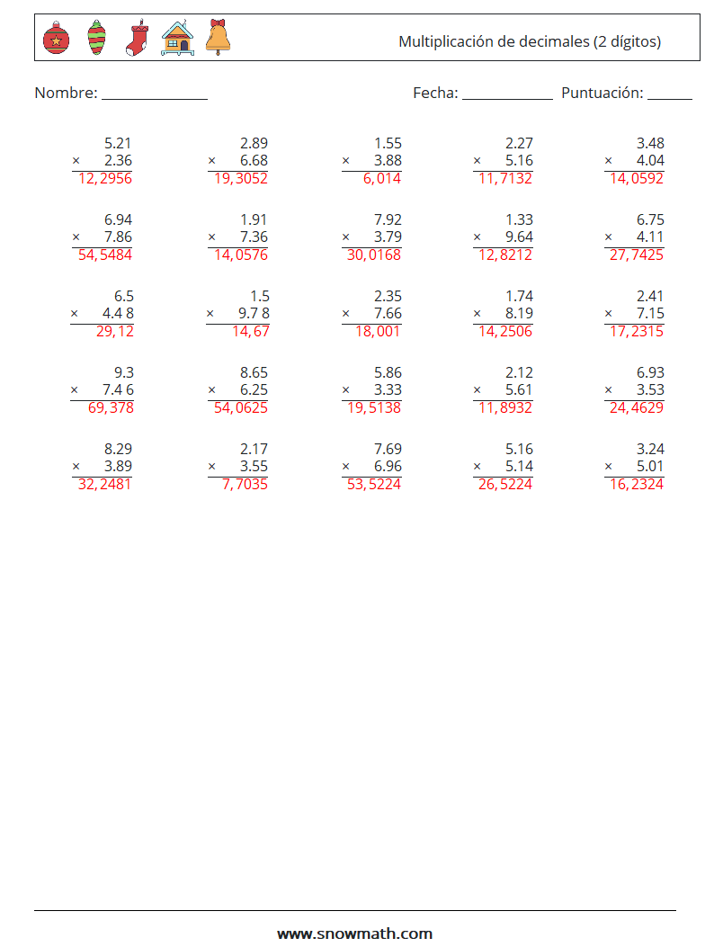 (25) Multiplicación de decimales (2 dígitos) Hojas de trabajo de matemáticas 3 Pregunta, respuesta