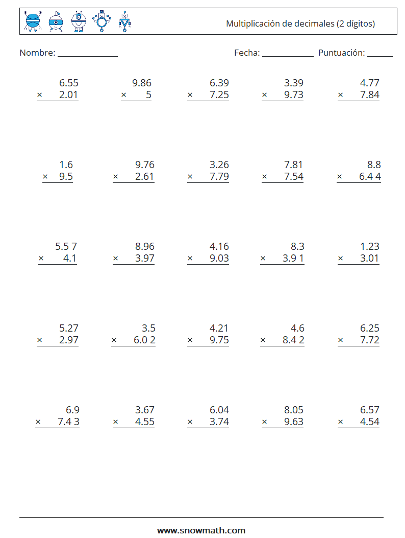 (25) Multiplicación de decimales (2 dígitos) Hojas de trabajo de matemáticas 4