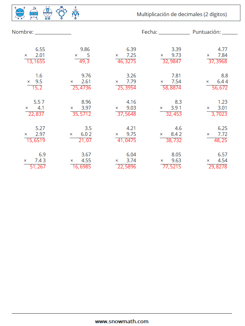 (25) Multiplicación de decimales (2 dígitos) Hojas de trabajo de matemáticas 4 Pregunta, respuesta