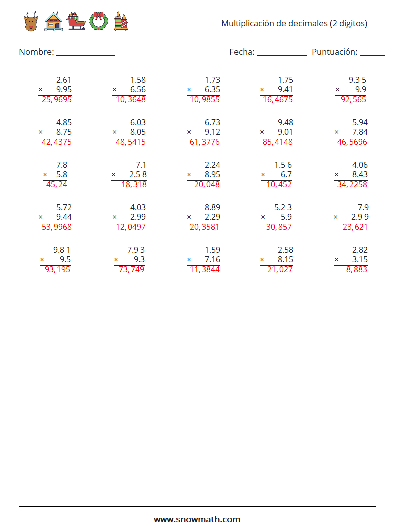 (25) Multiplicación de decimales (2 dígitos) Hojas de trabajo de matemáticas 5 Pregunta, respuesta