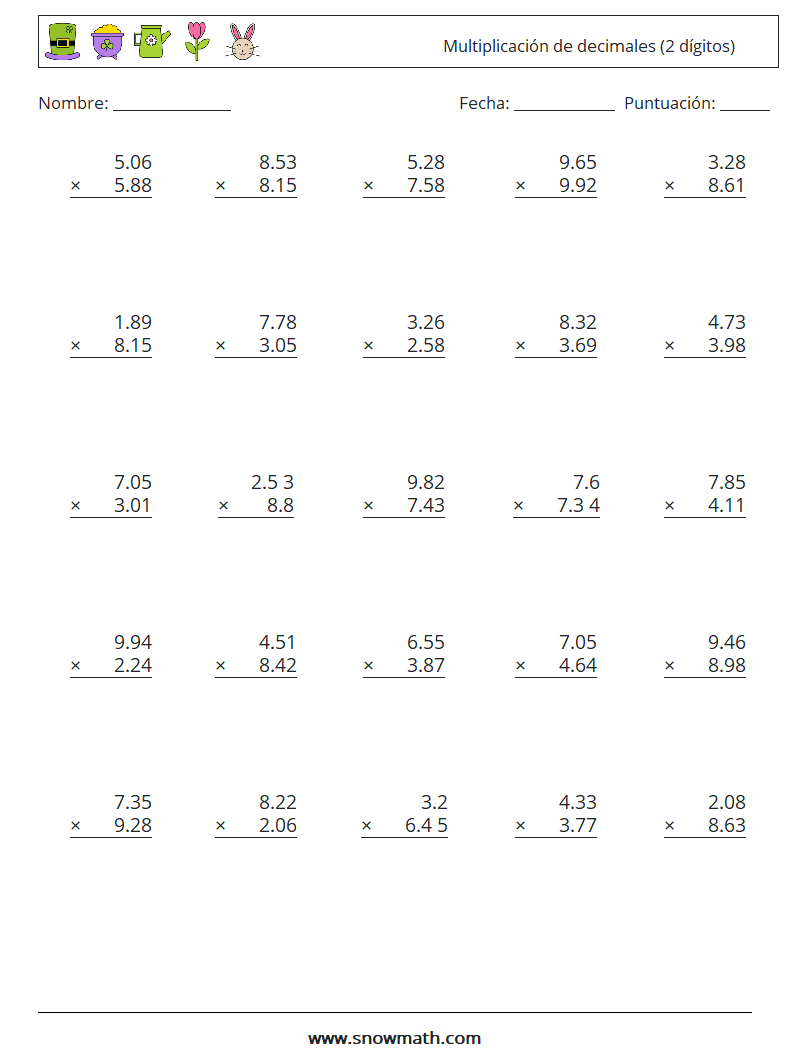 (25) Multiplicación de decimales (2 dígitos) Hojas de trabajo de matemáticas 6