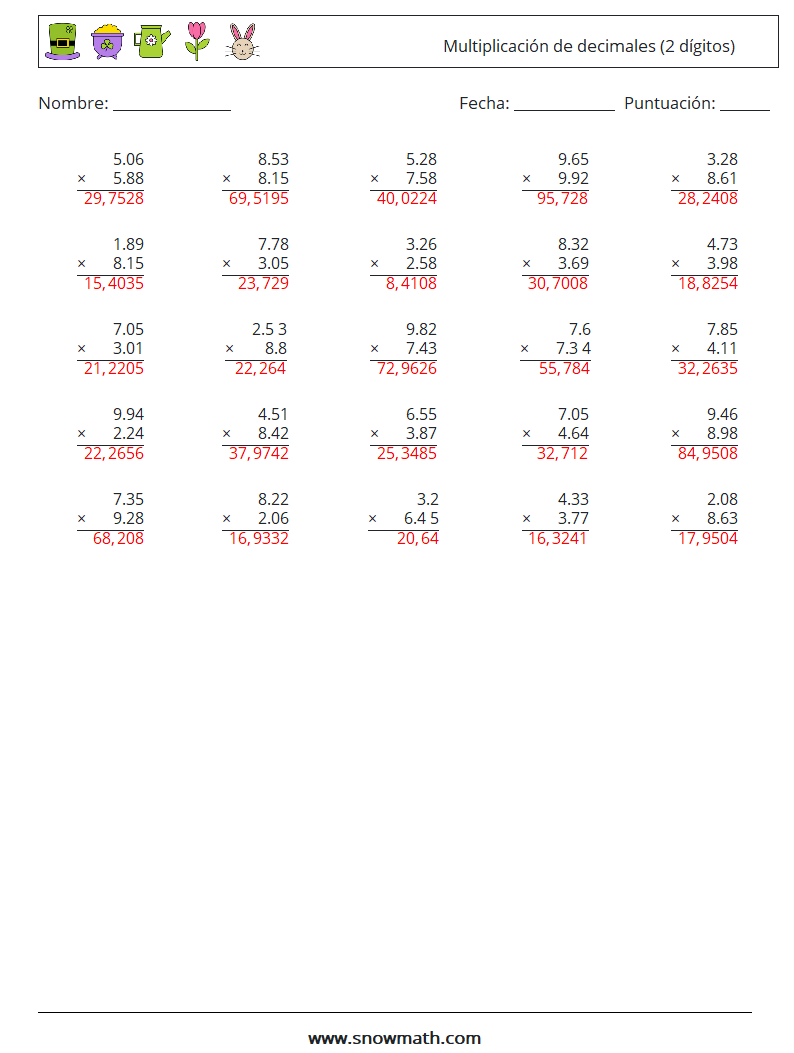 (25) Multiplicación de decimales (2 dígitos) Hojas de trabajo de matemáticas 6 Pregunta, respuesta