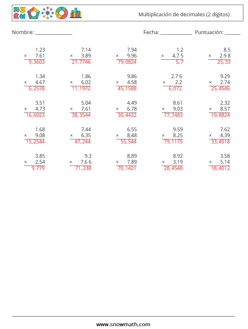 (25) Multiplicación de decimales (2 dígitos) Hojas de trabajo de matemáticas 7 Pregunta, respuesta