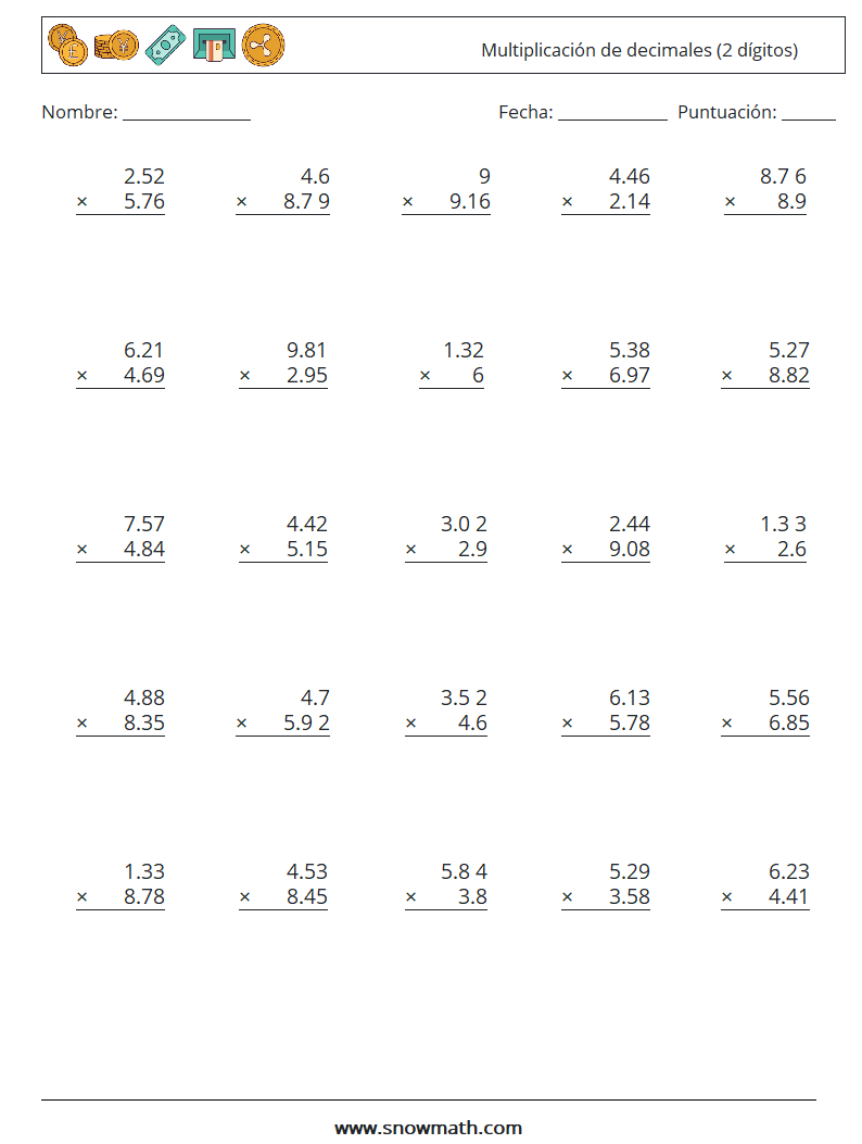 (25) Multiplicación de decimales (2 dígitos) Hojas de trabajo de matemáticas 8